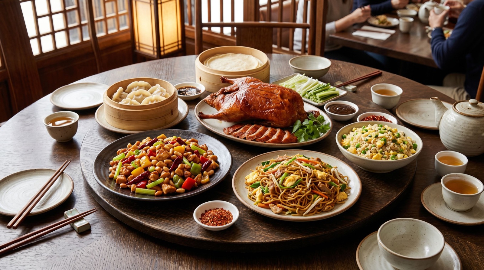Classic Chinese cuisine spread with Peking duck and dumplings